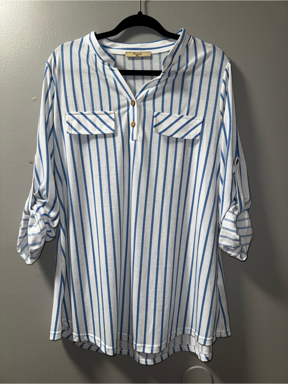 Cestyle 2X Women’s Blue Stripe Button-Front Tunic Top